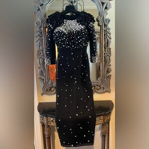 Black Pearl-Accented Long Sleeve Midi Dress